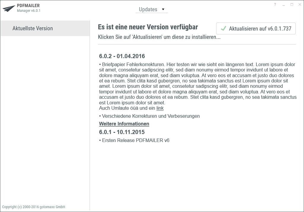 PDFMAILER Update-Fenster