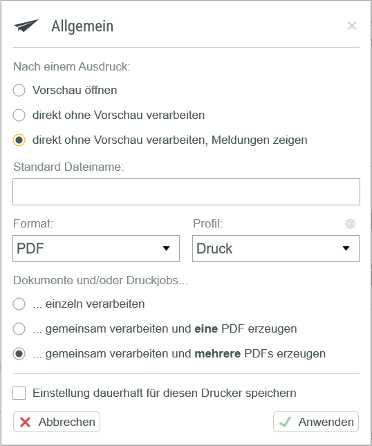 PDFMAILER Einstellungen Allgemein