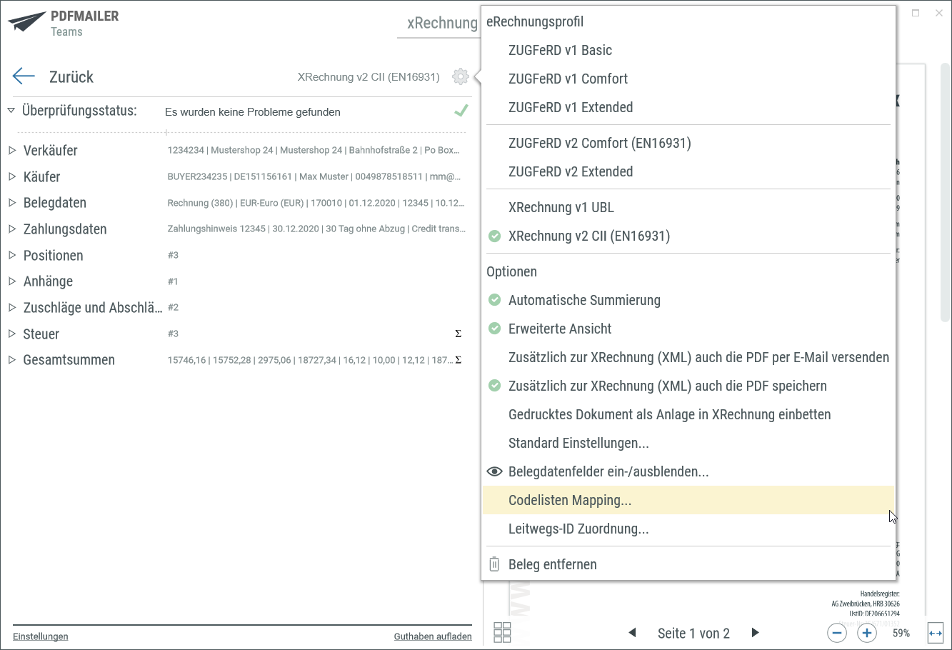 PDFMAILER eRechnungserfassung in der erweiterten Ansicht