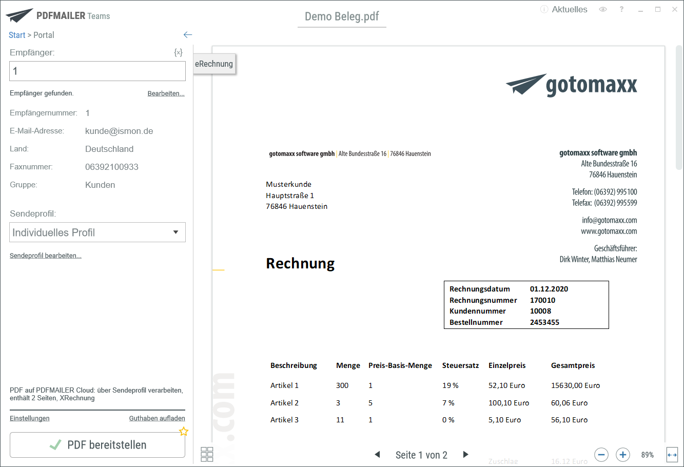 Bereitstellung über PDFMAILER Cloud Sendeprofile