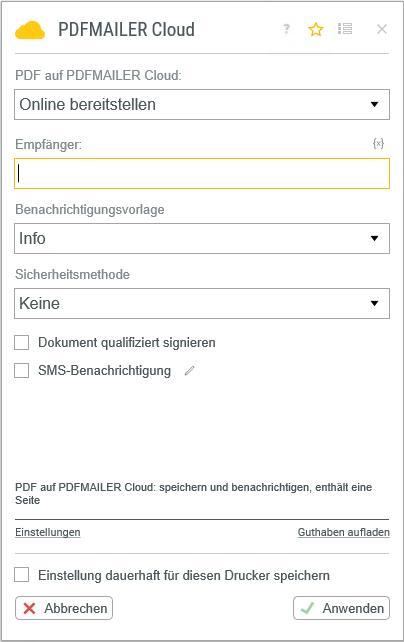 Einstellungen PDFMAILER Cloud