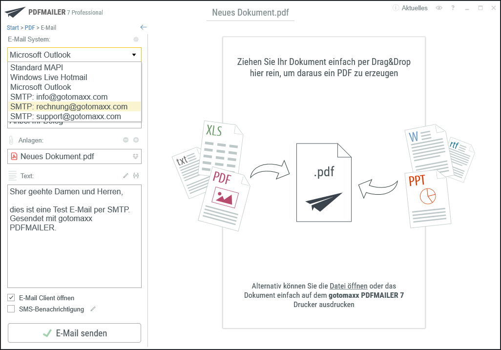 PDFMAILER Auswahl der SMTP-Profile