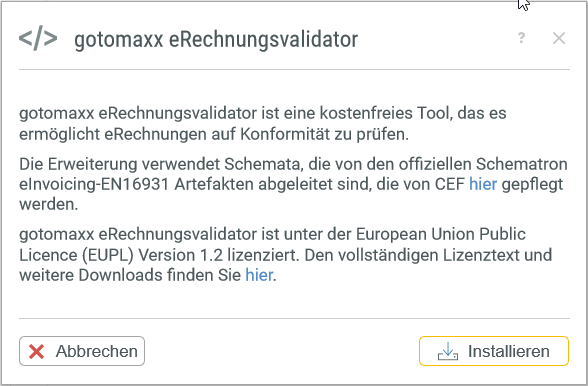 Start Installation gotomaxx eRechnungsvalidator