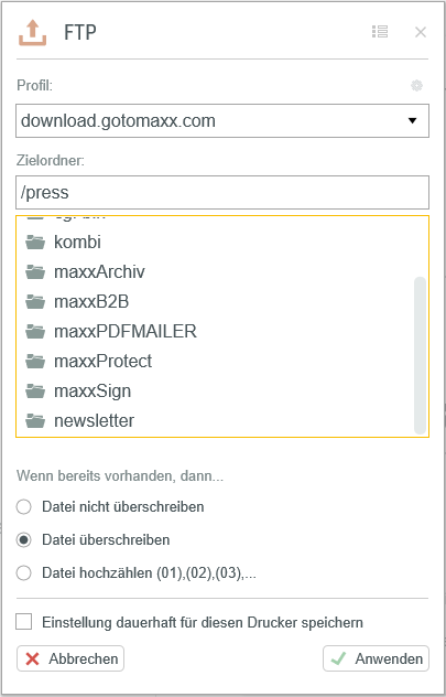 Einstellungen FTP mit vorhandener Verbindung