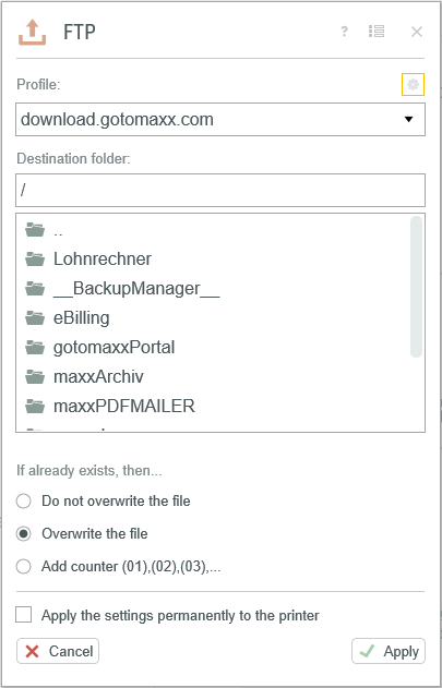 Settings of existing FTP Connection