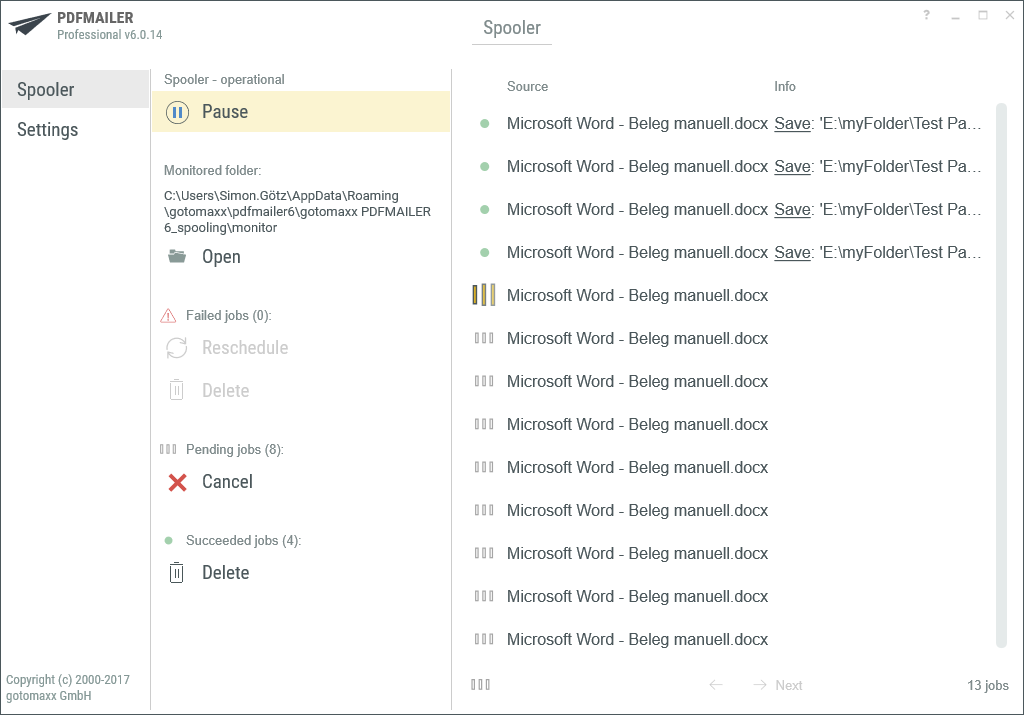 PDFMAILER Spooling