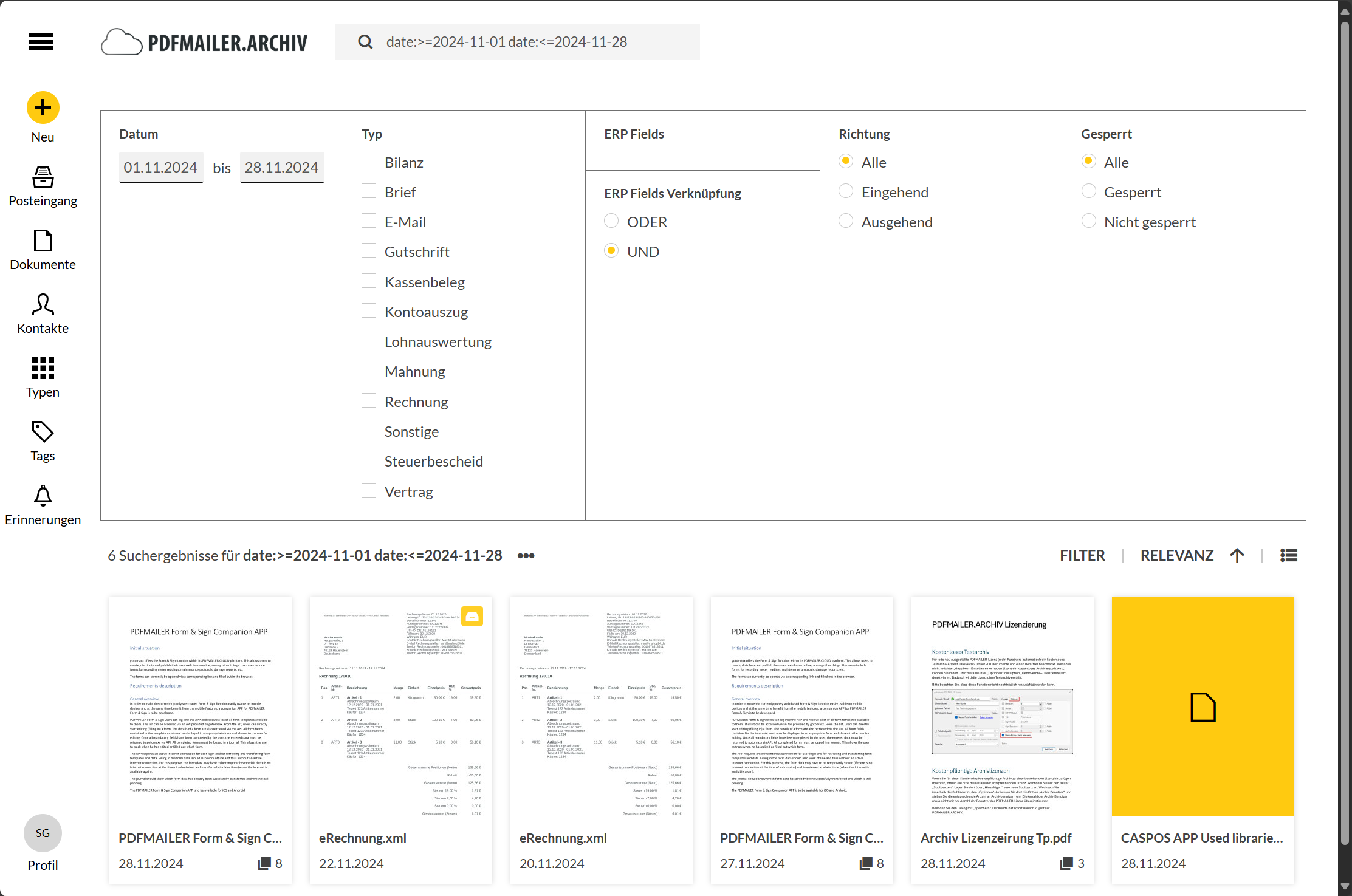 Zeigt alle Dokumente deren Datum zwischen 01.11.2024 und 28.11.2024 liegt.