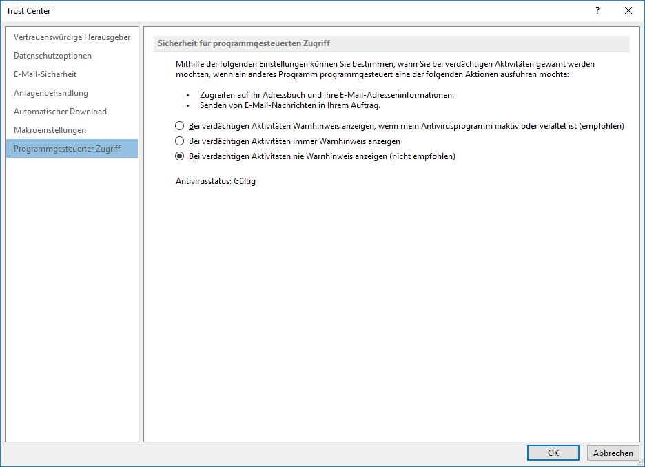 Outlook Sicherheitseinstellungen