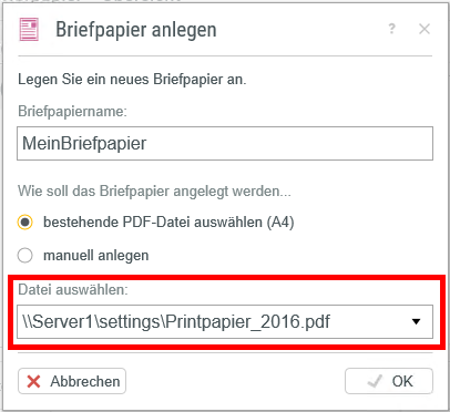 Briefpapier-Einstellung am Server