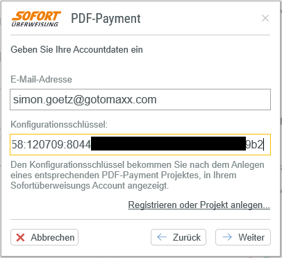 E-Mail-Adresse und Projekt-Konfigurationsschlüssel