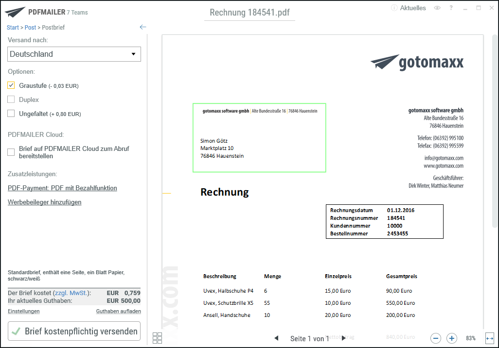 gotomaxx PDFMAILER Postbrief als Service