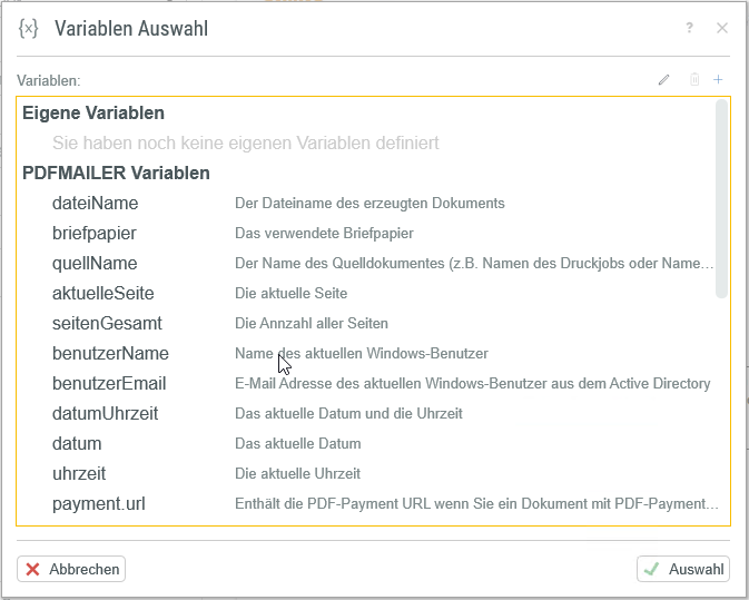 PDFMAILER Variablenauswahl
