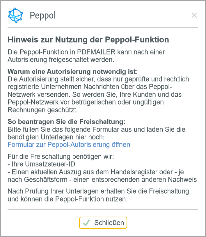 Peppol Verifizierungsdialog