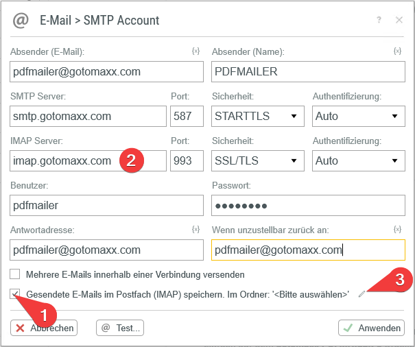 SMTP Einstellungen mit IMAP-SYNC